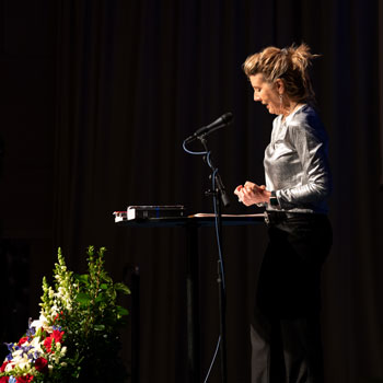 Misty Cedrun addressing Christian Law Enforcement Fellowship